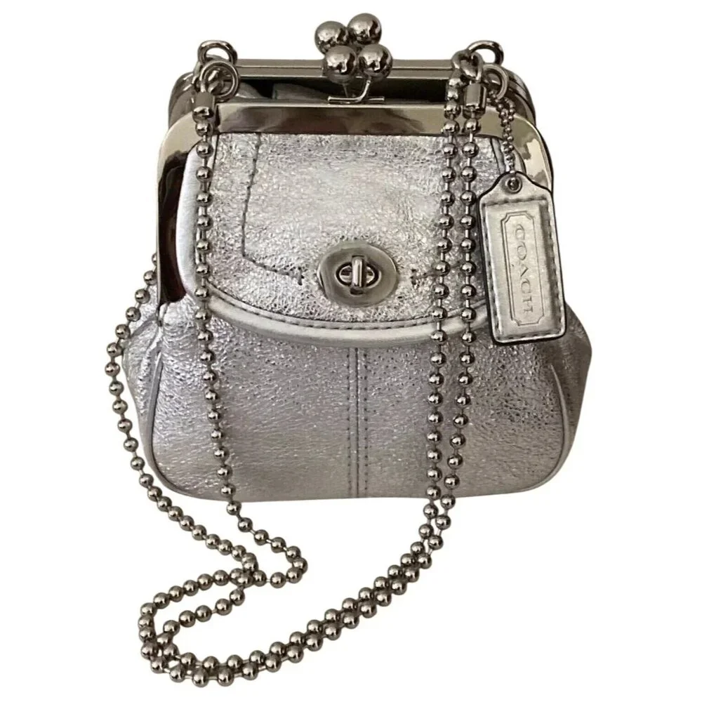 SOLD COACH 2008 Metallic Silver Leather Double Frame Kisslock Ball Chain - Picture 1 of 16
